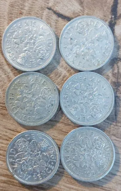 1953-1965 Set of 6 Circulated Queen Elizabeth II Sixpence Six Pence 6d coins