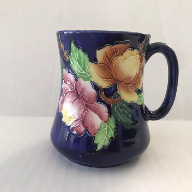 Vtg Maling Newcastle-on-Tyne England Blue Embossed Peony Flowers Mug Cup