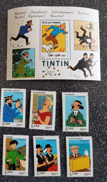 6 timbres français Tintin et ses amis + mini-bloc Tintin non oblitérés