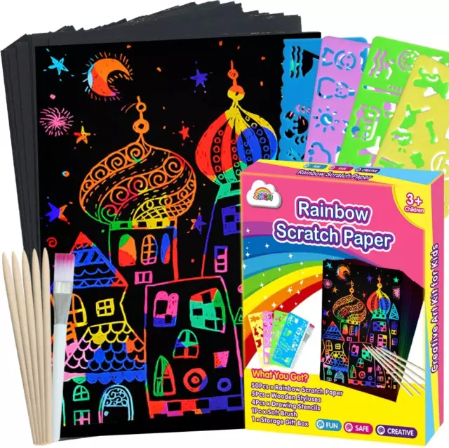 Scratch Paper Art For Kids 50 Pcs Magic RAINBOW Off Set Crafts Arts  Supplies Kit