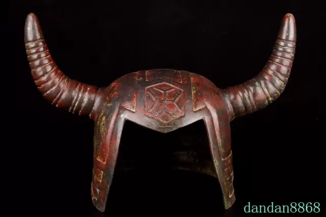15.2" China bronzeware Ancient warrior Soldier bull's head helmet statue