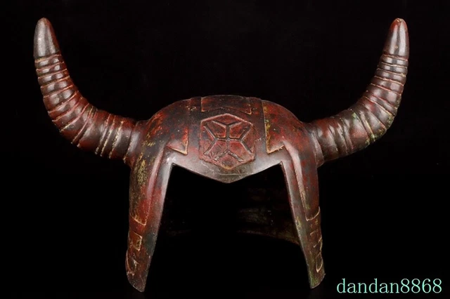 15.2" China bronzeware Ancient warrior Soldier bull's head helmet statue