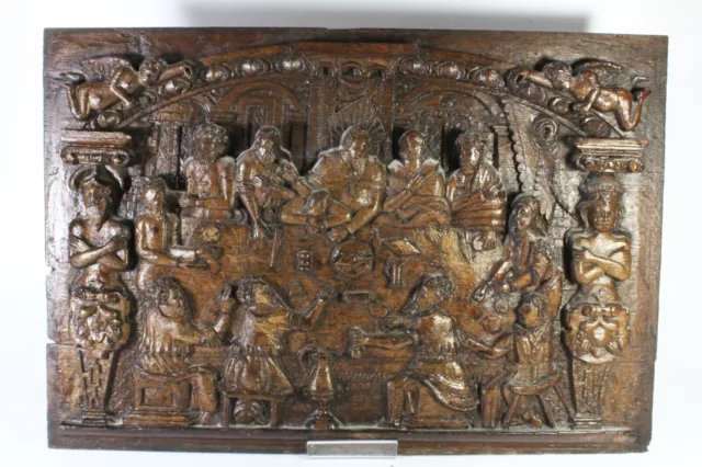 17th Century French / Flemish Carved Oak Last Supper Relief Panel