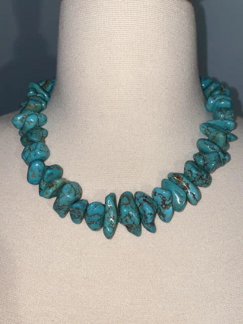 Fine Nugget Turquoise Sterling  Necklace Southwest Kingman Mines 19” Heavy