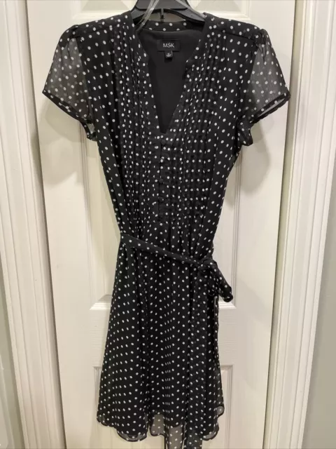 MSK Womens Black Polka Dot V-Neck Short Cap Sleeve Dress Size 10