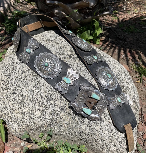 Sterling Silver Turquoise Concho Wide Leather Belt Western Native American As Is Sterling Silver Turquoise Concho Wide Leather Belt Western Native American As Is