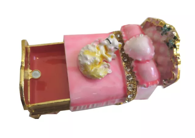Bejeweled Cat on Bed Hinged Metal Enamel trinket Box