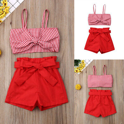 Toddler Infant Baby Girls Clothes Plaid Sleeveless Lace Up Tops Pants Outfits