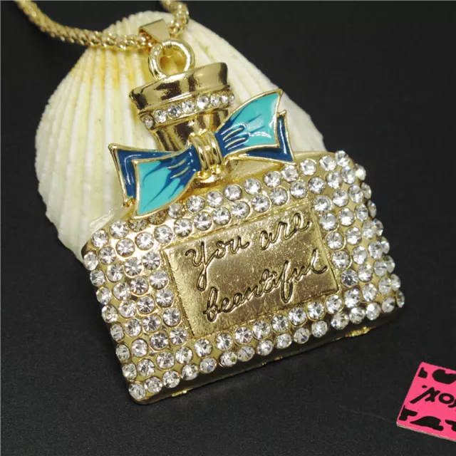 New Fashion Women Blue Enamel Bow Perfume Bottle Crystal Pendant Lady Necklace