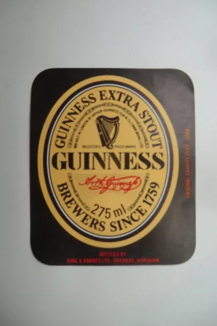 NEUWERTIG GUINNESS ABGEFÜLLT VON KING & BARNES HORSHAM 275ml BRAUEREI FLASCHE ETIKETT