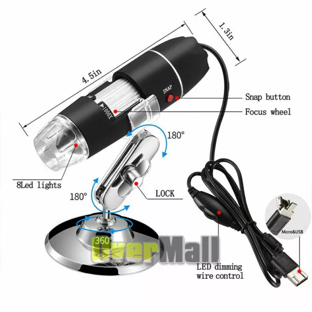 1000X/1600X 8 LED USB Zoom Digital Microscope Hand Held Biological Endoscope US 3