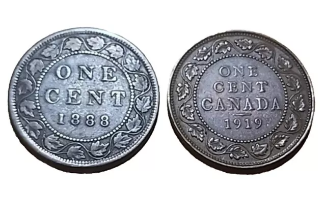 1888 & 1919 Canada Large One Cent Coin LOT Canadian 1 Penny Queen Victoria ×2