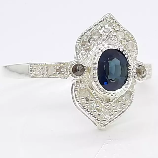 Genuine .46ctw Blue Sapphire & Diamond 925 Sterling Silver Ring Size 7