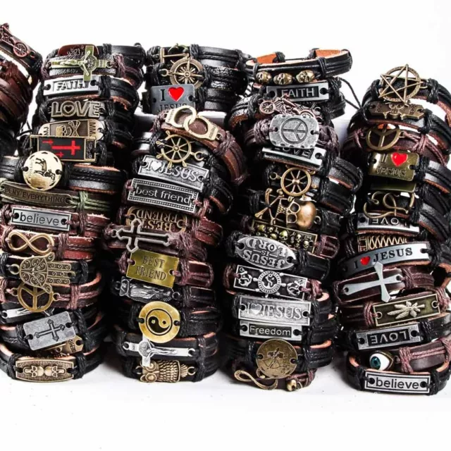 Wholesale 30pcs Mix Lots Handmade Metal Leather Cuff Bracelets for Men Women