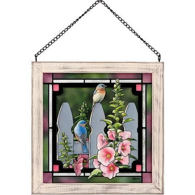 Wild Wings Stained Glass Art, 9-inch Height (Picket Fence Bluebirds)