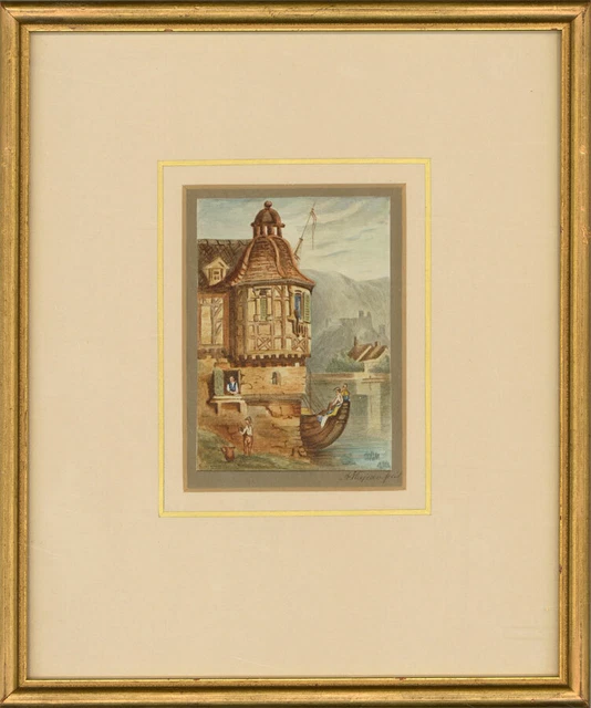 Framed Mid 19th Century Watercolour - European River Scene