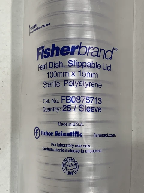 Fisher Scientific Fisherbrand Sterile Petri Dishes w/ lid 100x15mm Sealed 25/pk