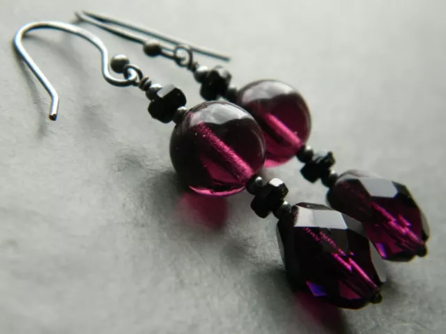 Vintage Amethyst Purple Glass, French Jet, Oxidised 925 Sterling Silver Earrings