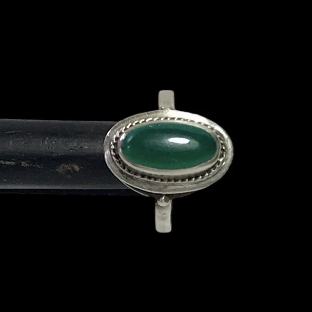 Bague Ancienne En Argent 925 Et Agate Verte - Taille 55/56 - Occasion