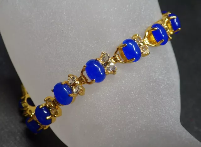 Gold Plate Blue Jade Cabochon Bead Bangle Bracelet Diamond Imitation 322834