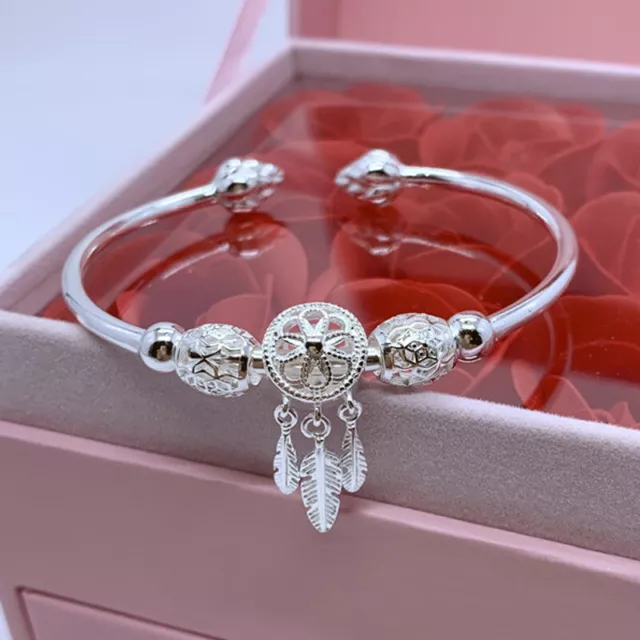 925 Silver Dreamcatcher Flower Bracelet Cuff Bangle Women Wedding Jewellery Gift