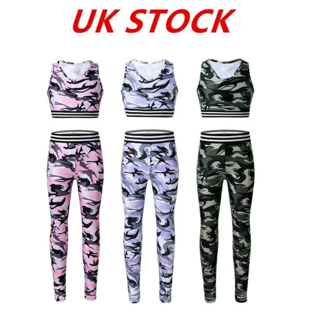 UK Kids Girls Sports Outfit Gymnastic Tracksuit Athletic Crop Top Leggings Sets