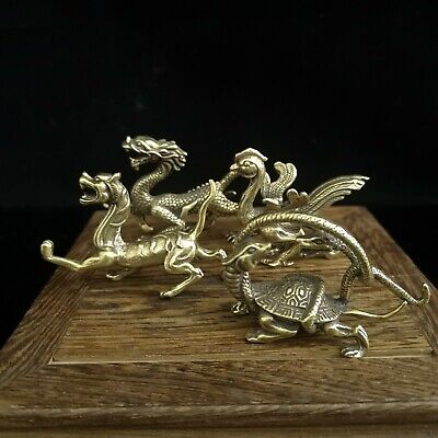 Old Chinese Handwork Pure Brass Copper Feng Shui Four Beast Statue Set
