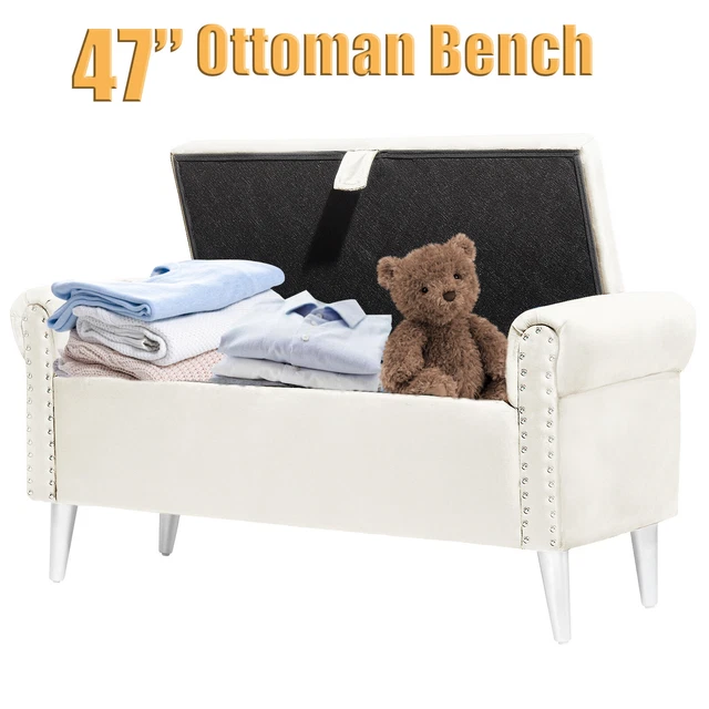 47'' Ottoman Bench Bedroom w/ Large Storage Velvet Upholstered Seat End of Bed