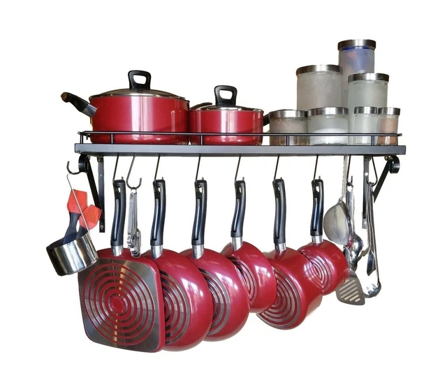 30" Wall mounted pots and pans rack. Pot holders wall shelves with 12 hooks