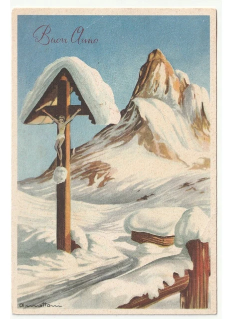 1956 Brick Landscape Mountain Snowy Cross Jesus Card Vintage Happy Year
