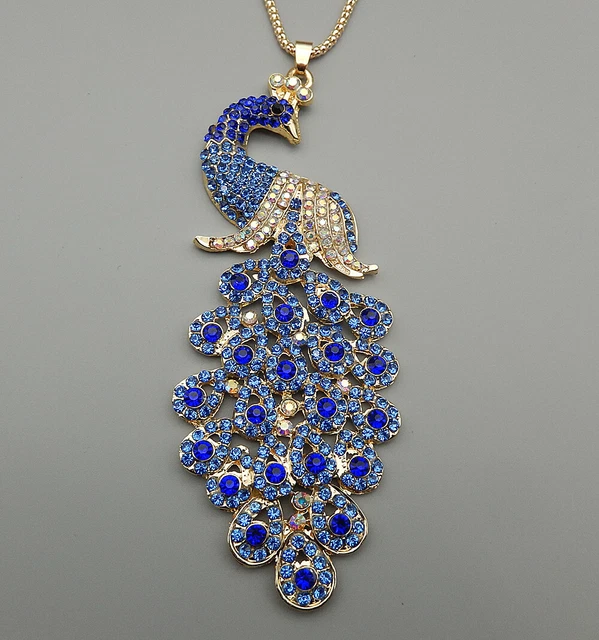 Deep Blue Crystal Rhinestone Big Peacock Pendant Betsey Johnson Long Necklace