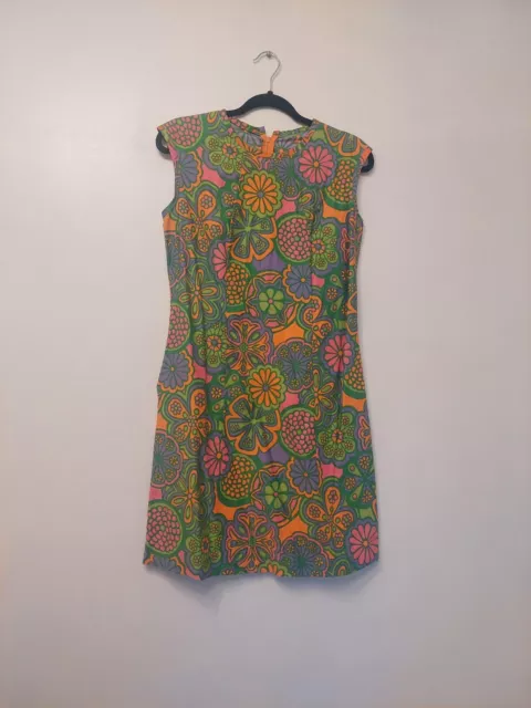 vintage flower power dress 60s 70s mcm mod mini sleeveless groovy psychedelic