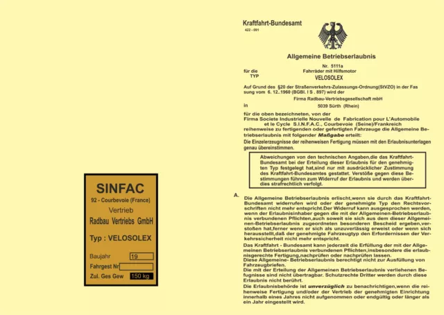 Velo Solex Datenblatt + Typenschild Papiere sinfac
