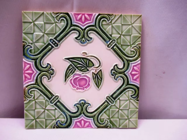 Antique Art Nouveau Majolica Tile Pink Flower Geometric Design Embossed Gree"511
