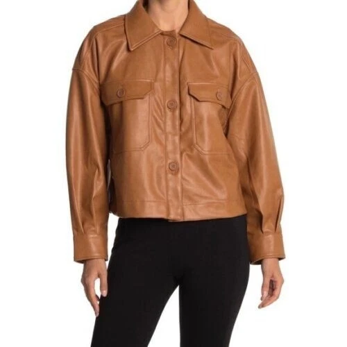 AVEC LES FILLES NEW $98 Faux Leather Button-Up Trucker Jacket in Cognac Medium
