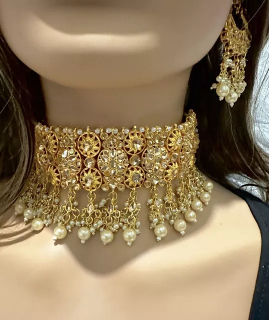 Bollywood Indian Style Gold Plated Kundan Choker Necklace Bridal Jewelry Set