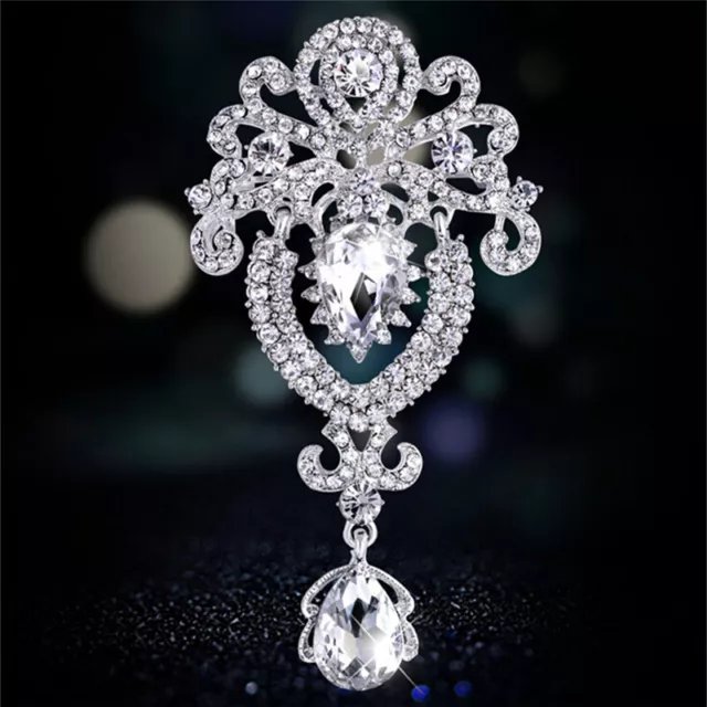 Silver Large Flower Bridal Brooch Rhinestone Crystal Diamante Wedding Broach -wf
