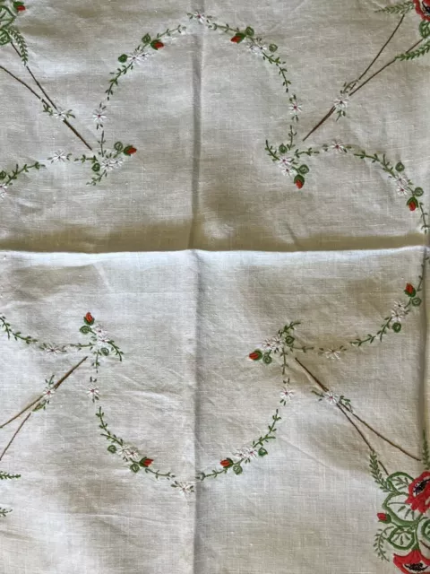 Vintage Hand Embroidered Linen Tablecloth Striking Raised Florals Lace Trim