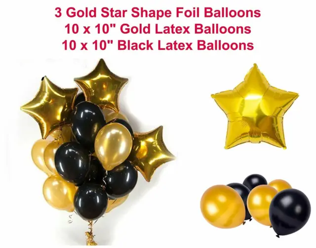 10" Gold Black Metallic Happy Birthday Wedding Star Foil Confetti Latex Balloons 2