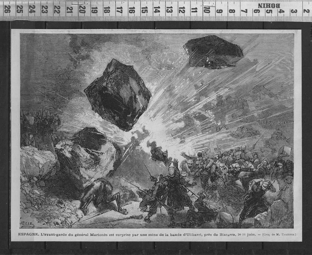 G383 / Gravure 1888 /  Espagne- L Avant Garde Du General Mariones