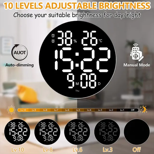10" LED Digital Wanduhr Datum Dual Alarm Wecker Temperatur mit Fernbedienung