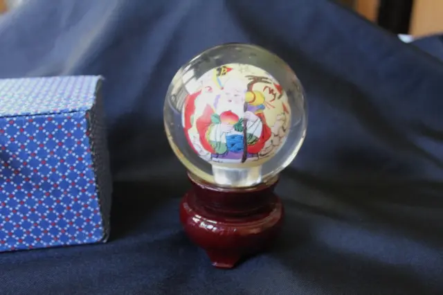 VTG Chinese Reverse Painted  Glass Ball Globe Paperweight w Stand Orig Box