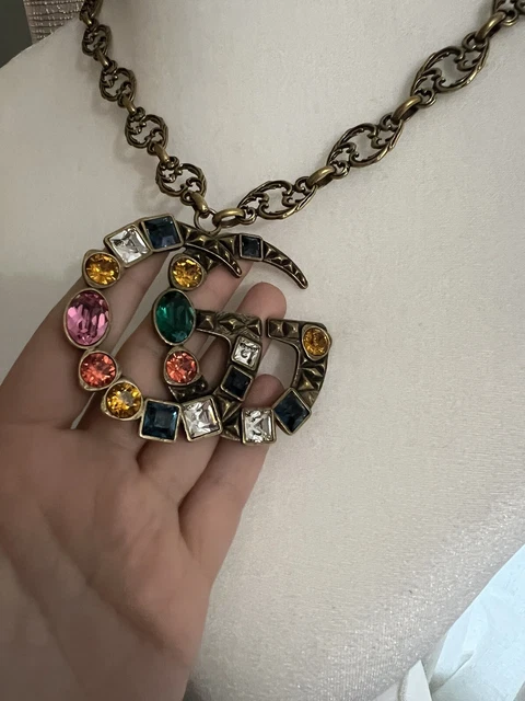 Authentic GUCCI  Metallic bronze GG Multicolor Crystal Embellished Necklace -NEW