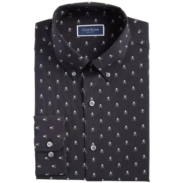 Mens Slim Fit Polyester Button-Down Shirt Club Room Black Skull Print SMALL