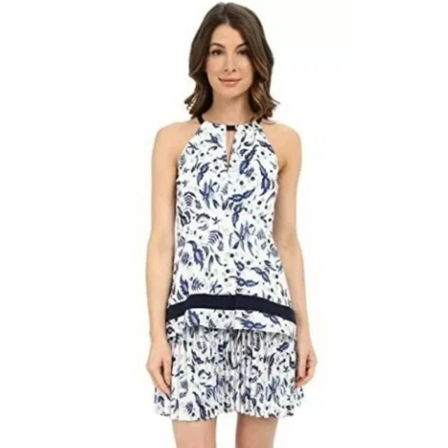 Shoshanna Georgian High Neck Sleeveless Shift Dress White Blue Women's Size 8