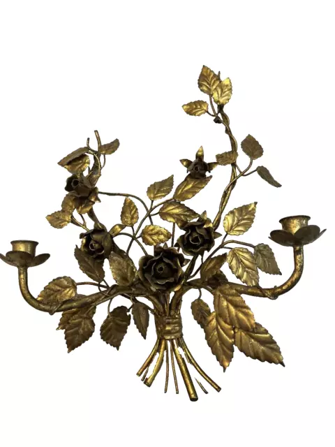 Vintage Italian Tole Florentine Gold Gilt Roses Floral  Wall Sconce Candelabra