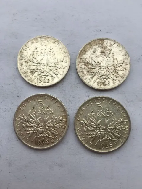 Lot De 4 Pieces De 5 Francs Argent Semeuse 1962/63/64/65.