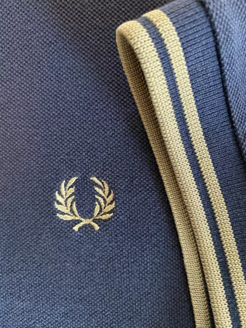 Mens Fred Perry Cotton Pique blue Tan polo Size Large shirt Skin, Mod, Punk Oi!