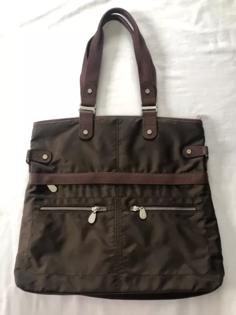 Baggallini Elena Travel Tote Bag Luggage Brown Nylon Leather Trim Carry On Gym