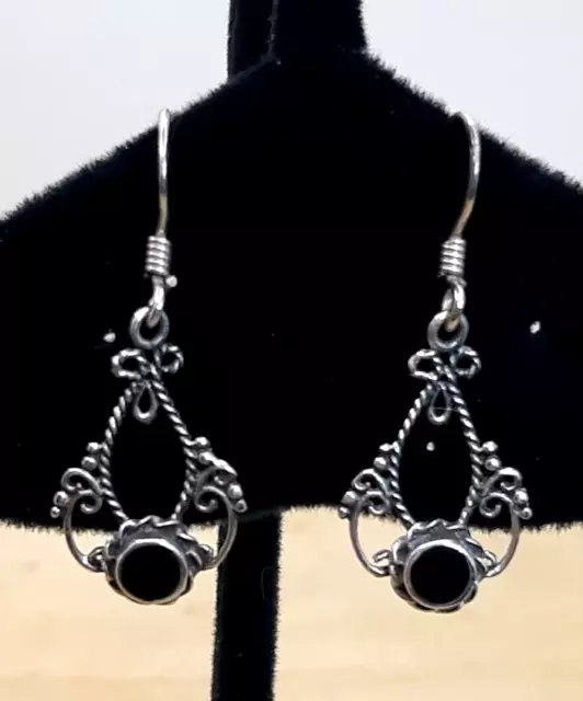 Vintage Bali Design Onyx / Sterling Silver Petite Ornate Dangle Earrings 1.25"